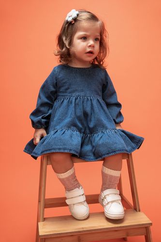 فستان جينز بناتي قصة عادية كم طويل بياقة بيبي