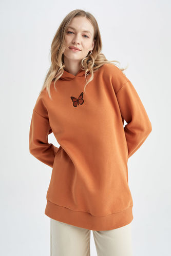 Relax Fit Kapüşonlu Kelebek İşlemeli Sweatshirt Tunik