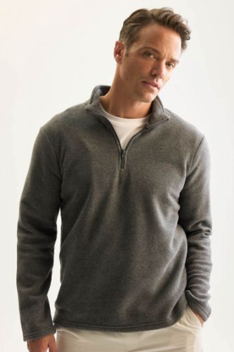 Antrasit Tüylenme Yapmayan Soğuk Geçirmez Regular Fit Dik Yaka Fermuarlı Polar Sweatshirt