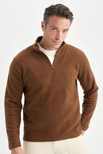 Kahverengi Tüylenme Yapmayan Soğuk Geçirmez Regular Fit Dik Yaka Fermuarlı Polar Sweatshirt