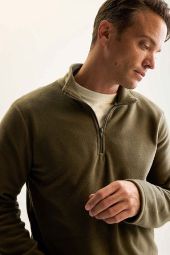 Haki Tüylenme Yapmayan Soğuk Geçirmez Regular Fit Dik Yaka Fermuarlı Polar Sweatshirt