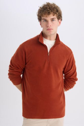 Turuncu Tüylenme Yapmayan Soğuk Geçirmez Regular Fit Dik Yaka Fermuarlı Polar Sweatshirt