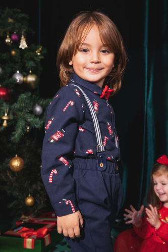 Baby Boy Christmas Themed Twill Long Sleeve Shirt Bowtie Set