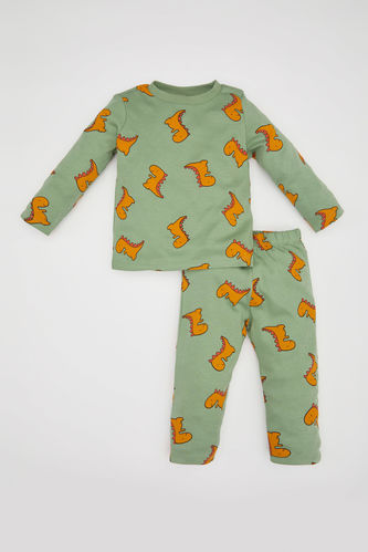 Erkek Bebek Dinozor Desenli Ribana Uzun Kollu Pijama Takım