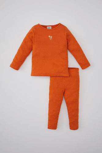 Ensemble Pyjama Coton Côtelé à Manches Longues Brodé Pour Bébé Fille - 2 Pièces