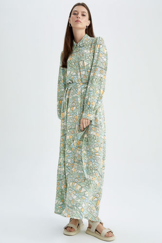 Relax Fit Baskılı Maroken Uzun Kollu Maxi Elbise