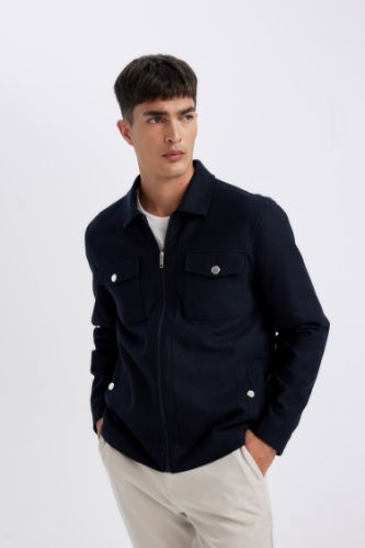 Slim Fit Dar Kesim Polo Yaka Astarlı Fermuarlı Cepli Mevsimlik Mont