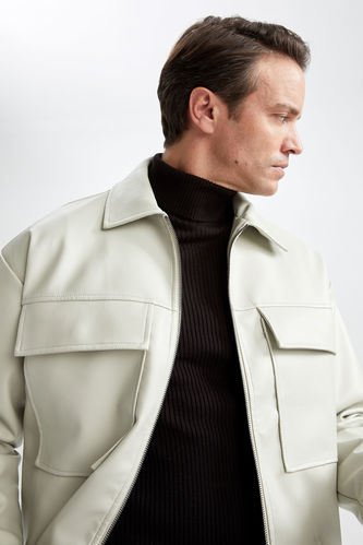 Ecru Man Oversize Fit Shirt Collar Jacket Faux Leather Coat