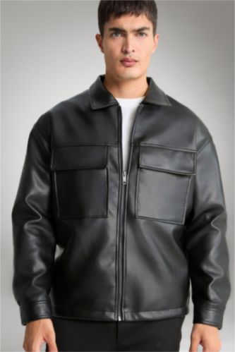 MAN Black Oversize Fit Shirt Collar Waterproof Jacket