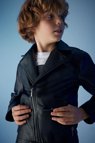 Manteau en similicuir avec doublure synthétique et col polo pour garçon