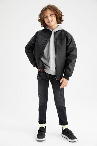 Boy Bomber College Collar Faux Leather Jacket