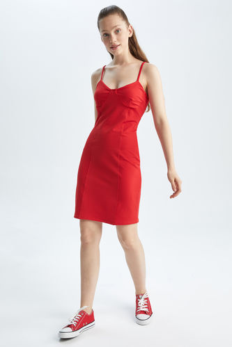 Red Woman Bodycon Strappy Camisole Mini Short Sleeve Knitted Dress 2631320
