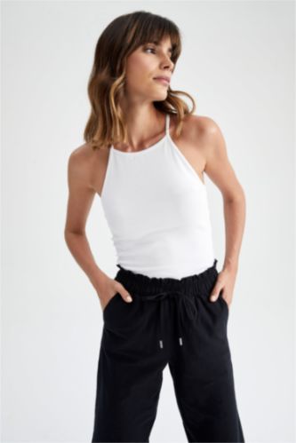 Women White Slim Fit Halter Collar Cotton Camisole Singlet