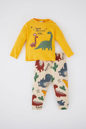 Пижама вязанная 2 шт. стандартного кроя диназавр с длинным рукавом из рибаны для малышей мальчиков