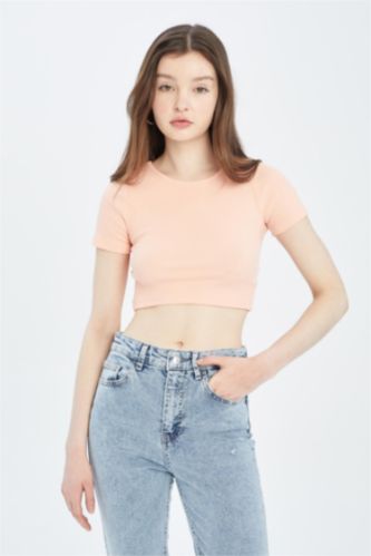 نساء سيموني تي شيرت كروب نص كم بياقة دائرية