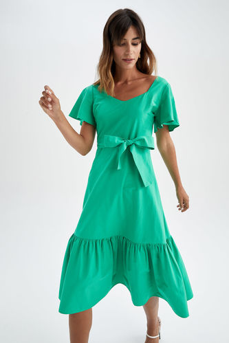 V-Neck Poplin Maxi Short Sleeve Woven Dress