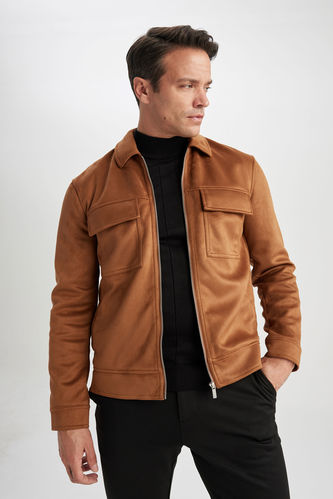 Slim Fit Polo Neck Suede Jacket