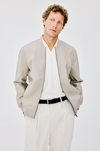 Erkek Gri Slim Fit Kolej Yaka Suni Deri Bomber Mont