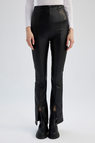 High Waisted Pin Tuck Slim Fit Flare Leather Trousers ‐ Phix