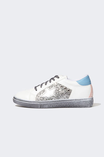 Faxu Leather Star Print Lace Up Trainers