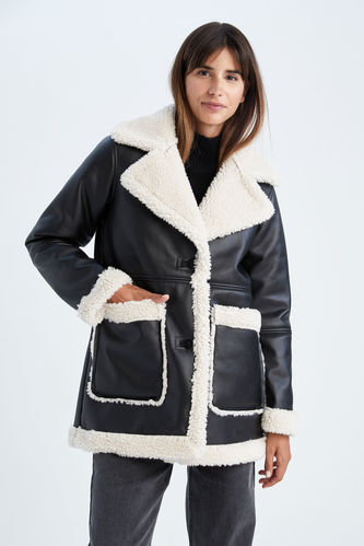Relax Fit Faux Fur Lined Faux Leather Jacket