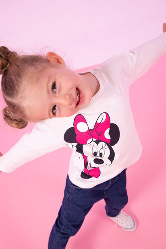 Kız Bebek Disney Mickey & Minnie Bisiklet Yaka Uzun Kollu Penye Tişört