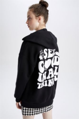 WOMAN Black Oversize Fit Thick Sweatshirt Fabric Cardigan