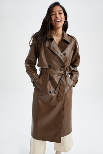 Water Repellent Faux Leather Belted Trench Coat