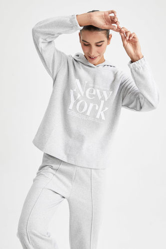 Regular Fit Hooded Long Sleeve Slogan Printed Sweatshirt