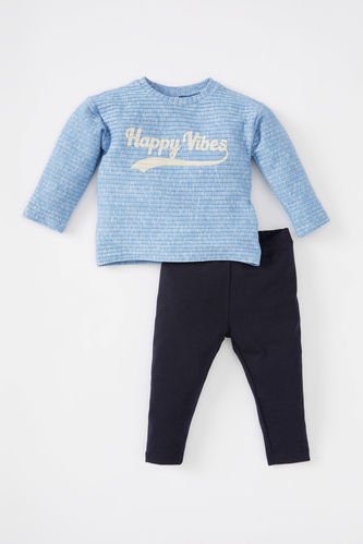 Baby Boy Regular Fit Slogan Printed Ribbed Long Sleeved T-Shirt Tracksuit Bottom Set