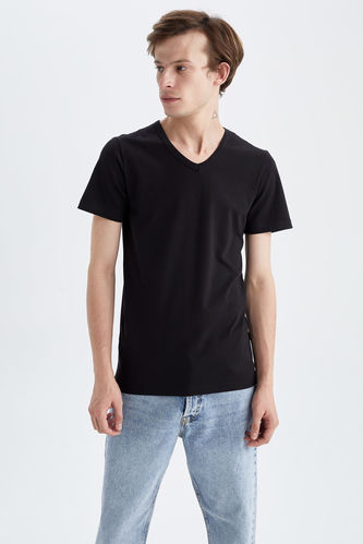 Slim Fit Basic T-Shirt mit V-Ausschnitt