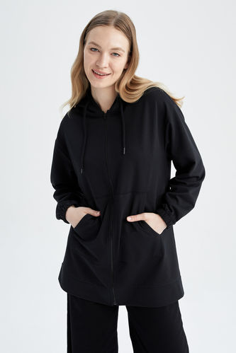 Black WOMAN Relax Fit Hooded Cardigan 2674050 | DeFacto