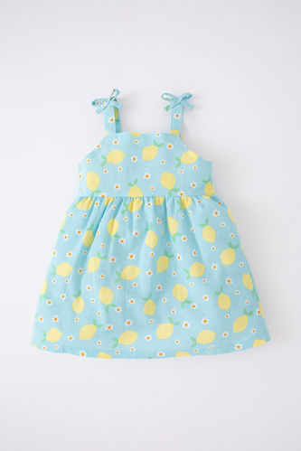 Baby Girl Fruit Patterned Strap Linen Look Dress