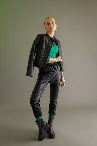 Jogger Pocket Normal Waist Faux Leather Trousers