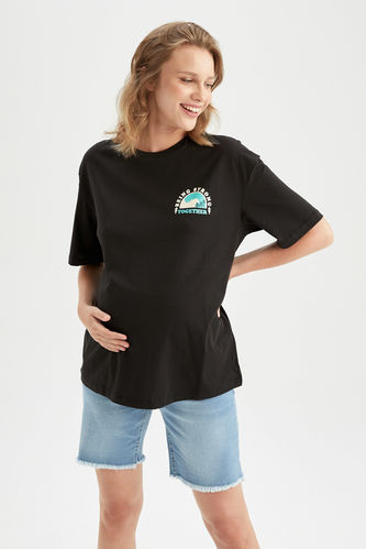 Black WOMEN Regular Fit Slogan Printed Maternity Cotton T-Shirt