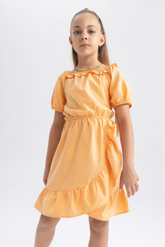 Kız Çocuk Esnek Yaka Kısa Kollu Pamuklu Elbise