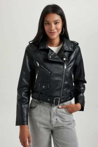 Black WOMAN Water Repellent Relax Fit Faux Leather Crop Biker Jacket With  Belt 2657333