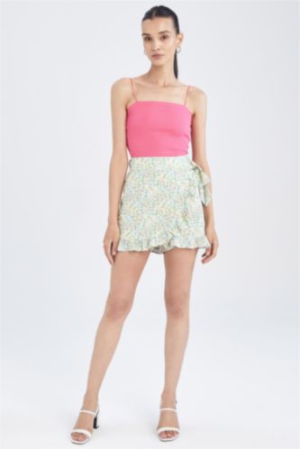 Woman Light Mint Floral Patterned Mini Short Skirt