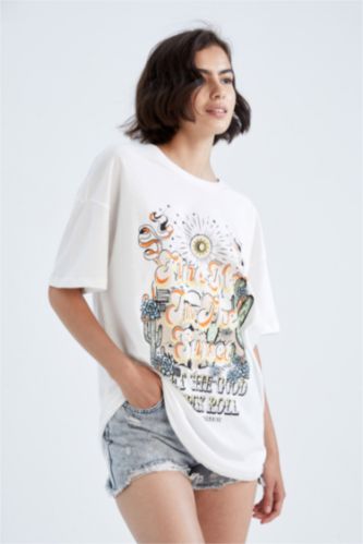 تي شيرت مطبوع اوفر سايز بياقة مستديرة