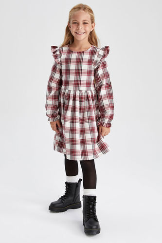 Girl's Square Patterned Long Sleeve Flannel Dress