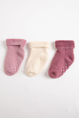 Kız Bebek Kaydırmaz Taban 3'lü Pamuklu Havlu Çorap