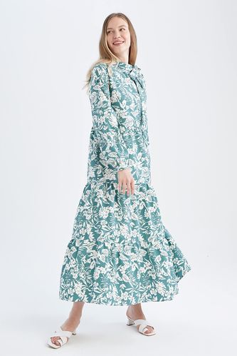 Relax Fit Yarım Balıkçı Yaka Çiçekli Uzun Kollu Maxi Elbise