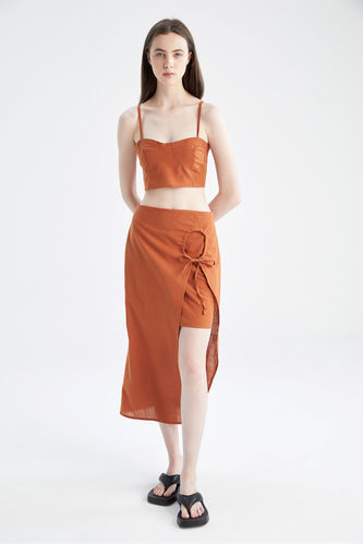 A-Line Basic Slit Detail Linen Look Midi Skirt