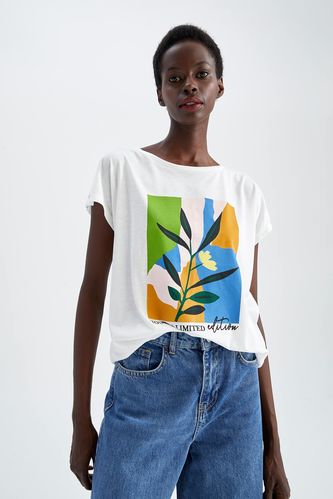 T-Shirt À Manches Courtes Floral Col Ras Du Cou
