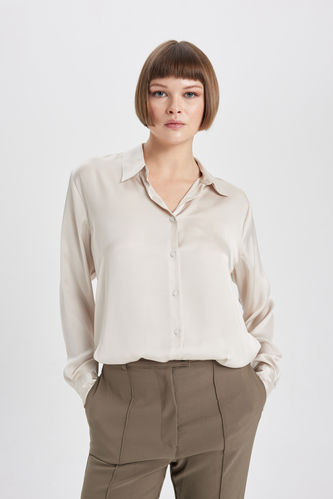 Oversize Fit Shirt Collar Satin Long Sleeve Shirt