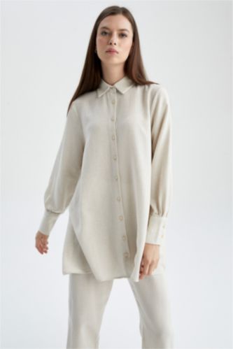 Kadın Bej A Kesim Keten Karışımlı Uzun Kollu Tunik