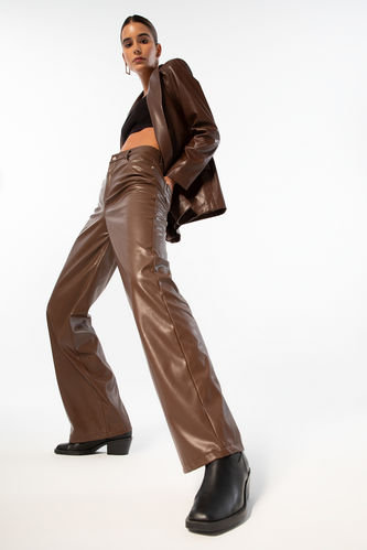 Wide Leg With Pockets Faux Leather Trousers