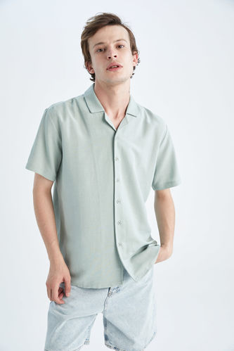 Regular Fit Top Collar Linen Short Sleeve Shirt