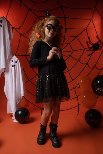 Kız Çocuk Halloween Temalı Tüllü Uzun Kollu Elbise Taç Takımı