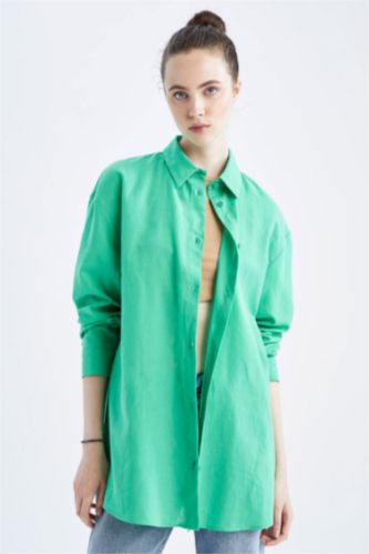 FEMME Vert Chemises à manches longues Lin Mélangé Col De Chemise